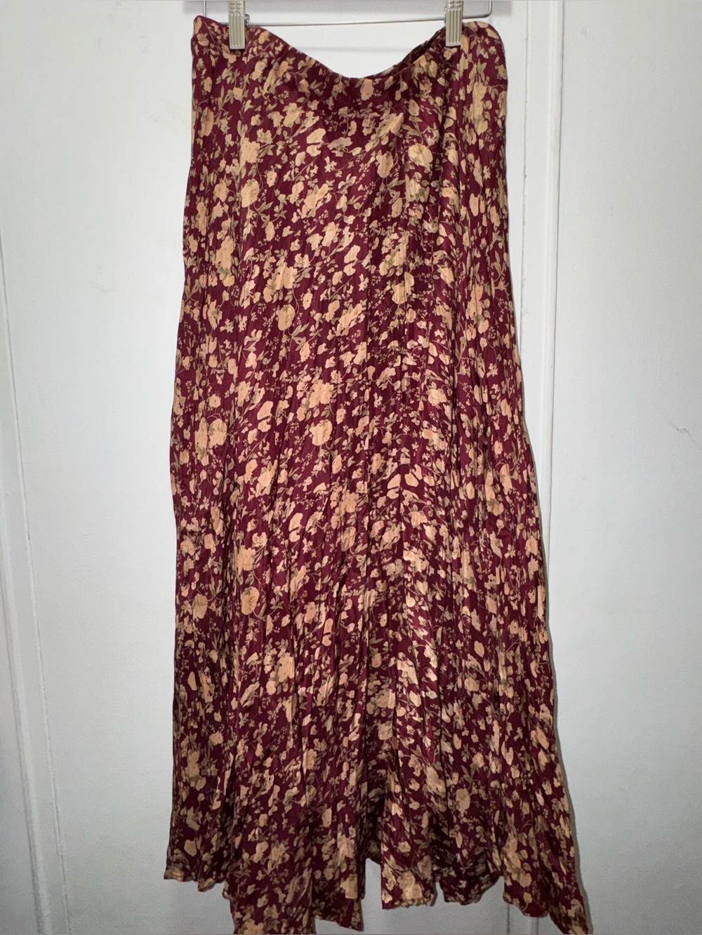 Vintage 90s Dynasty Floral Burgundy Maxi Circle Skirt Size Large Silk